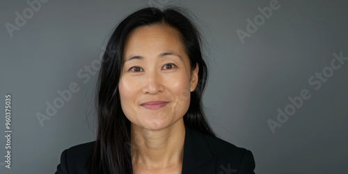 Studio headshot of mature professional Asian woman wearing business suit, gray background