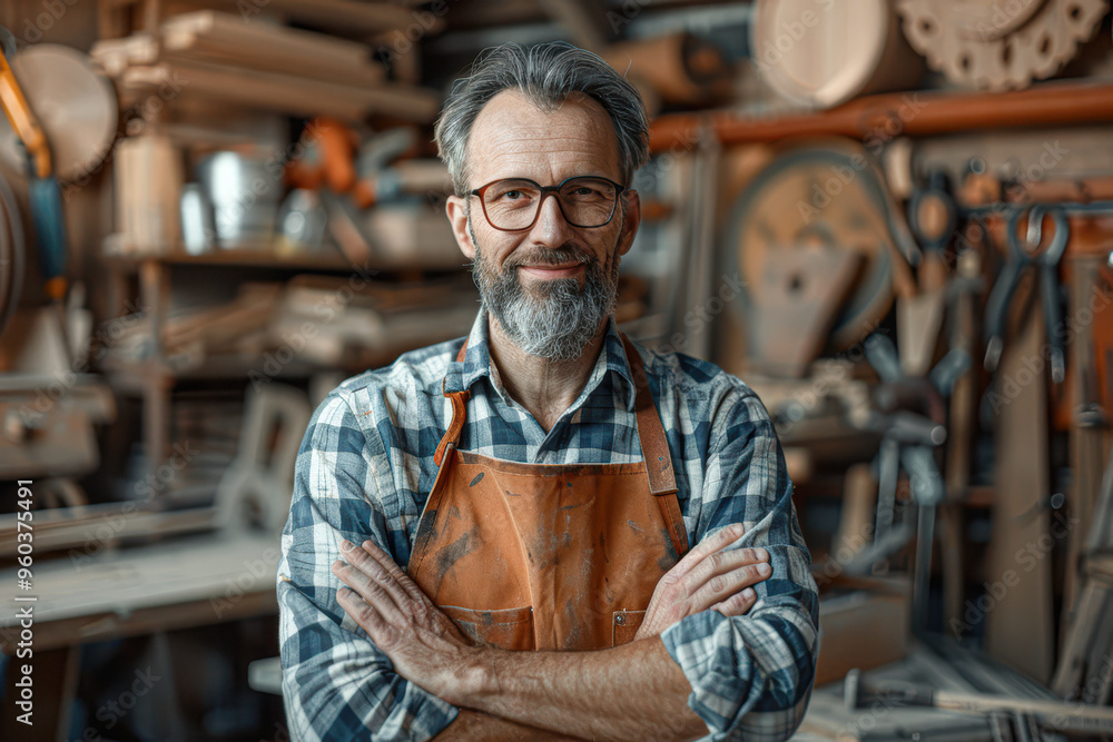 A man with a mustache and glasses stands in a workshop with a plaid shirt A man with a mustache and glasses stands in a workshop with a plaid shirt