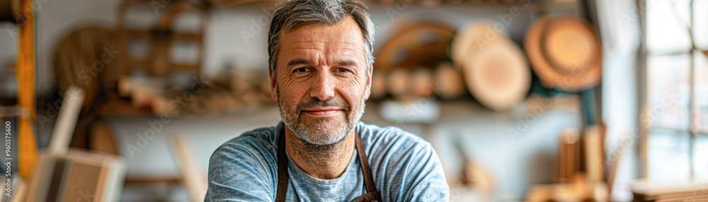 A man with a beard and gray hair is smiling in front of a woodworking shop A man with a beard and gray hair is smiling in front of a woodworking shop