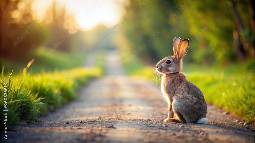 Fototapeta premium A cute rabbit sitting on a rural road , wildlife, fluffy, animal, adorable, countryside, outdoor, nature, furry, mammal, hare, bunny