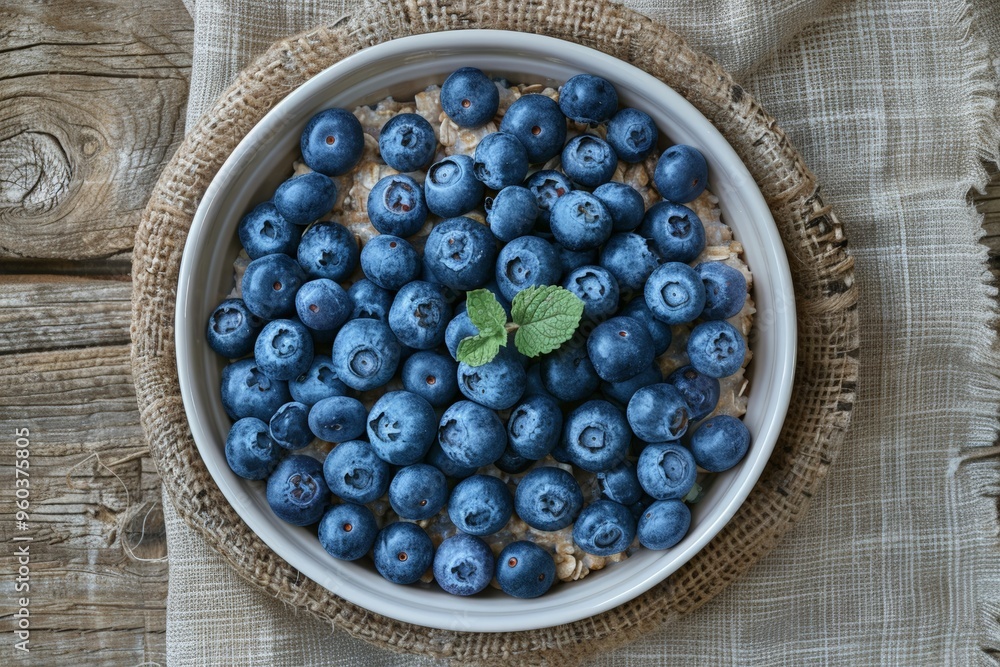 A rustic bowl filled with creamy oatmeal topped with fresh blueberries and a sprig of mint, creating a healthy and delicious breakfast option. A rustic bowl filled with creamy oatmeal topped with fresh blueberries and a sprig of mint, creating a healthy and delicious breakfast option.