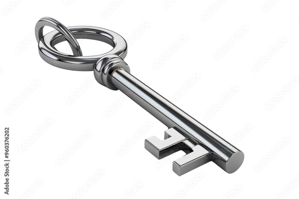 A shiny silver key on a white background, symbolizing security, access, and unlocking potential. A shiny silver key on a white background, symbolizing security, access, and unlocking potential.