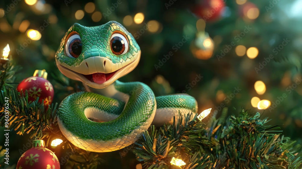 Fototapeta premium new year of the snake. A cheerful green snake character joyfully wrapped around a Christmas tree adorned with colorful ornaments and warm glowing lights during the festive season