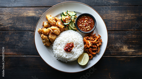 Malaysian nasi lemak rice dish is served on a plate with fried squid, sambal and cucumber salad photo