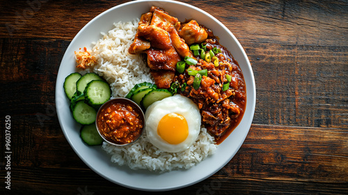 Malaysian nasi lemak dish with fried chicken, cucumber slices, sambal, anchovies and egg served on white plate on wooden table photo