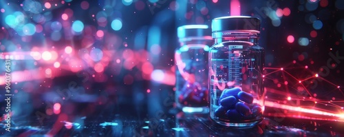 Modern medicine in vibrant colors with pill bottles illuminated by glowing lights. A perfect blend of technology and health.