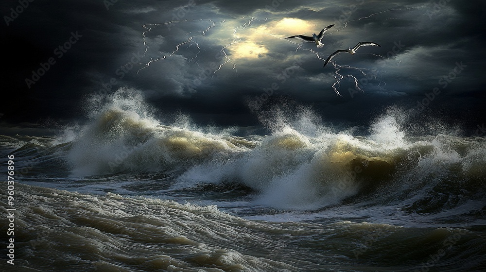 Fototapeta premium Dramatic seascape featuring turbulent waves and stormy skies at dusk, with seabirds soaring amidst the lightning