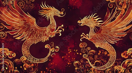 Traditional Batik pattern with mythical creatures like dragons and phoenixes in deep red and gold, creative, High quality, sharp images,graphic,illustration photo