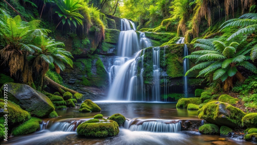 Refreshing spring beauty of a vibrant waterfall cascading over moss-covered rocks and lush ferns , nature, waterfall, spring, beauty Refreshing spring beauty of a vibrant waterfall cascading over moss-covered rocks and lush ferns , nature, waterfall, spring, beauty