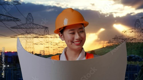 Close Up Of Asian Female Engineer With Safety Helmet Looking At Blueprint In Her Hands And Looking Around While Standing Near High Voltage Tower photo