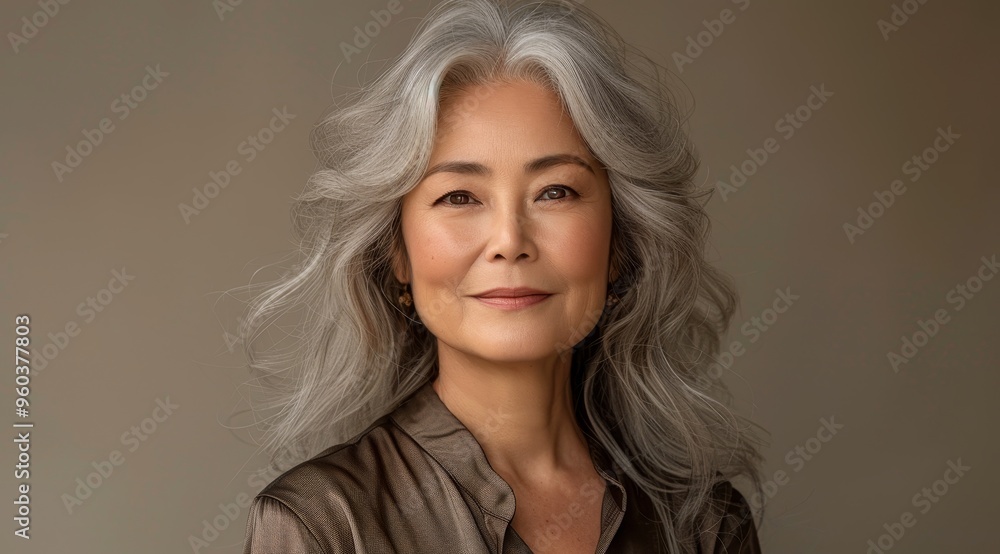 Fototapeta premium portrait of 50 year old happy Asian woman on beige background, mature, natural beauty, businesswoman