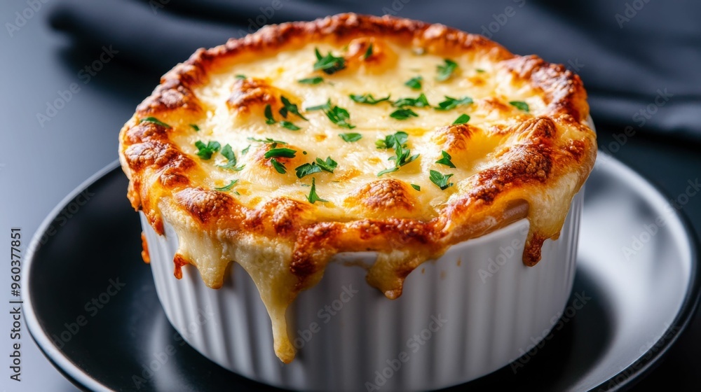 A baked cheese dish with a golden crust, served in a white ramekin. A baked cheese dish with a golden crust, served in a white ramekin.