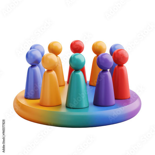 Colorful figurines grouped on a circular base, symbolizing teamwork, community, and collaboration in a vibrant setting.