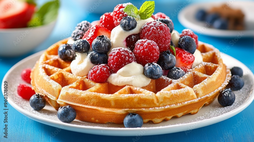 Fluffy waffles topped with whipped cream and fresh berries, dusted with powdered sugar for a sweet treat. Fluffy waffles topped with whipped cream and fresh berries, dusted with powdered sugar for a sweet treat.
