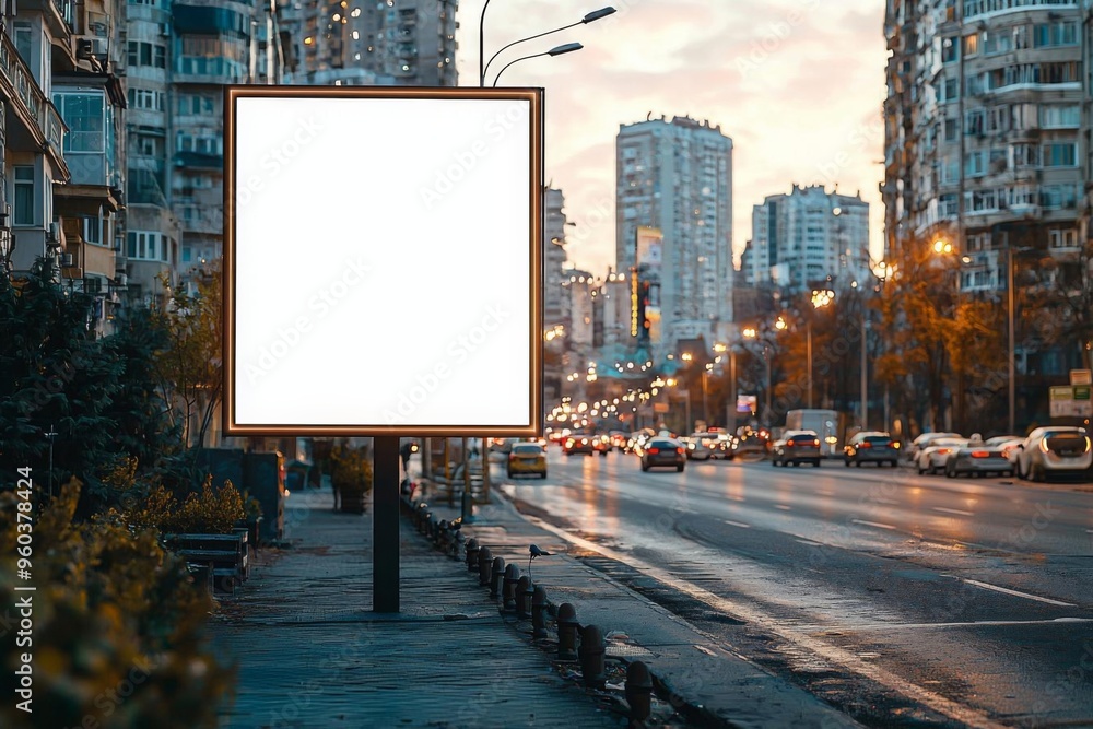 Hyper realistic photo of Vertical blank glowing billboard on the city street Hyper realistic photo of Vertical blank glowing billboard on the city street