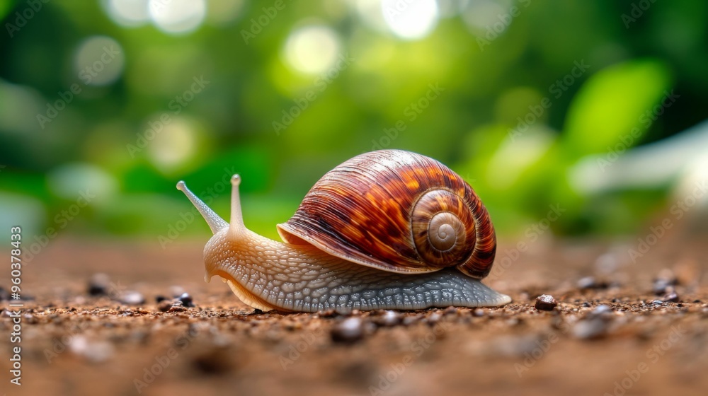 A close-up of a snail with a beautiful spiral shell, slowly moving on the ground with blurred green background. A close-up of a snail with a beautiful spiral shell, slowly moving on the ground with blurred green background.
