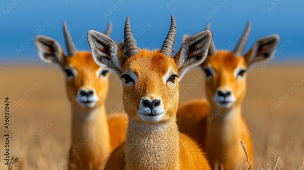 Three antelopes standing closely in a grassy savannah, their large eyes and antlers facing forward. Three antelopes standing closely in a grassy savannah, their large eyes and antlers facing forward.