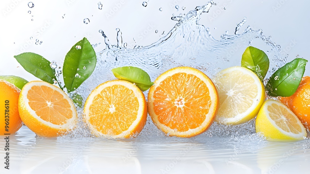 Sliced oranges and lemons falling through a splash of water Sliced oranges and lemons falling through a splash of water