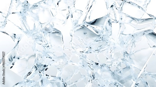 Crystal Fractures: Sharp, crystalline fractures spreading out from a central point, resembling cracked ice, on a white background.
