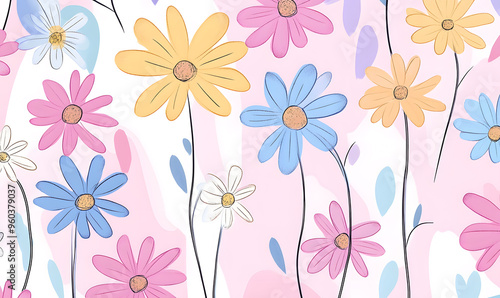 2D illustrator doodle-style floral and leaf graphics on a white background or wallpaper
