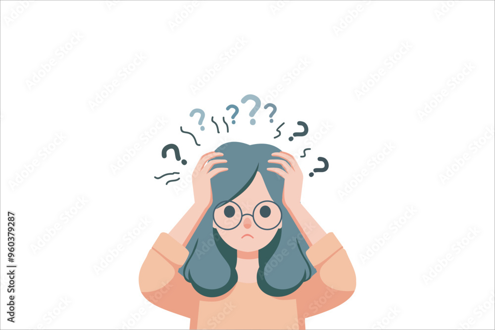 Confused woman scratching her head with question mark in flat design on white background. vector illustration. Confused woman scratching her head with question mark in flat design on white background. vector illustration.