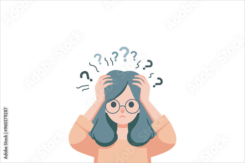 Confused woman scratching her head with question mark in flat design on white background. vector illustration.
