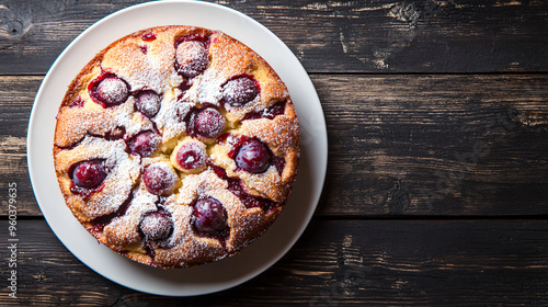 Delicious cherry cake is waiting on a rustic wooden table, dusted with powdered sugar and ready to be eaten photo