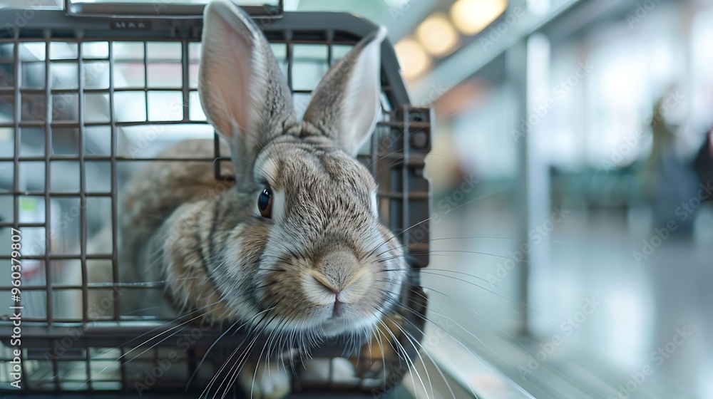 At the airport a rabbit is kept in a carrier cage