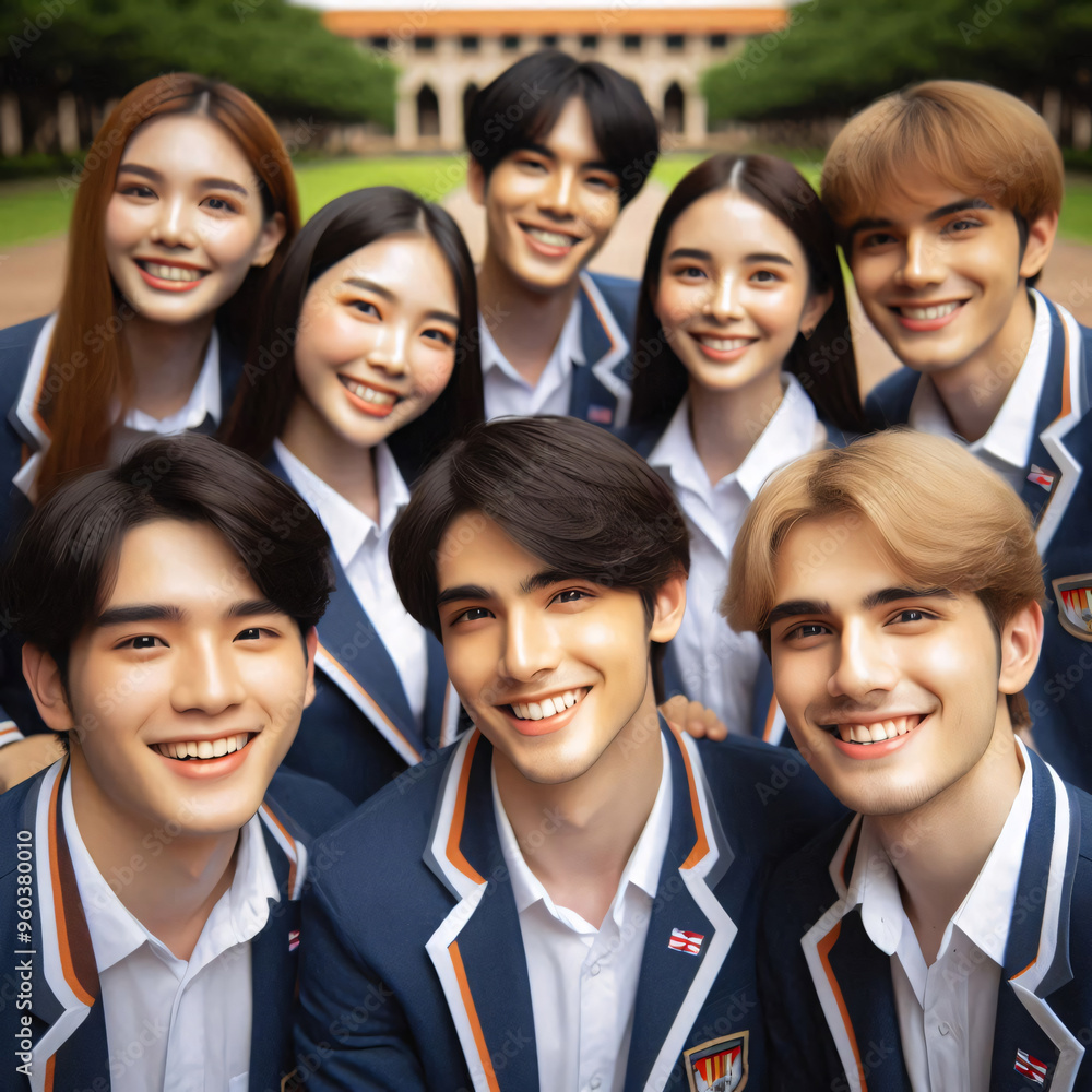 Students wearing school uniforms and promoting,Generative AI Students wearing school uniforms and promoting,Generative AI