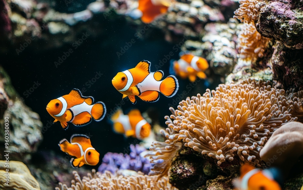 Fototapeta premium A vibrant underwater scene featuring clownfish swimming among colorful coral.