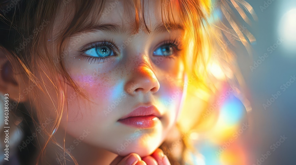 ethereal child praying bathed in vibrant rainbow light glowing aura celestial backdrop eyes closed in reverence surreal dreamlike atmosphere ethereal child praying bathed in vibrant rainbow light glowing aura celestial backdrop eyes closed in reverence surreal dreamlike atmosphere