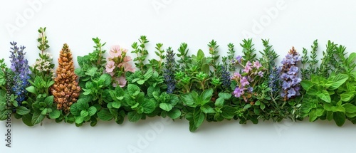 A Row of Fresh Herbs and Flowers on a White Background photo