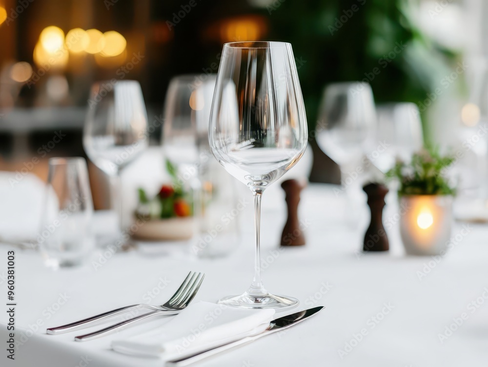 High-end restaurant dining table with minimalist cutlery, soft ambient lighting, white linens, calm atmosphere, Realism, Neutral palette High-end restaurant dining table with minimalist cutlery, soft ambient lighting, white linens, calm atmosphere, Realism, Neutral palette