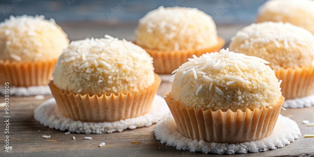 Delicious cakes covered in coconut shavings close-up shot Delicious cakes covered in coconut shavings close-up shot