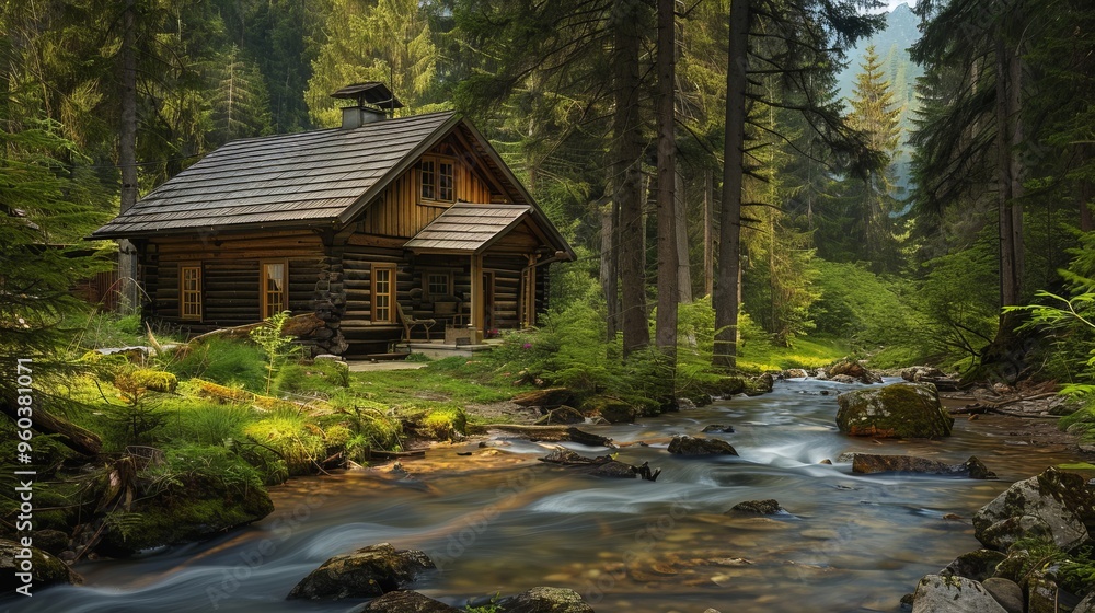 Cabin in the Woods with Stream and Mountains Cabin in the Woods with Stream and Mountains