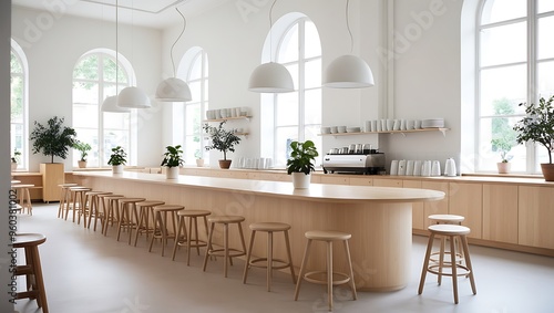 Bright, minimalist café with natural wood decor, large windows, and modern greenery accents