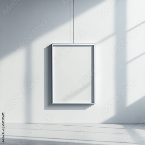 Thin metallic frame suspended in mid-air, casting dynamic shadows, futuristic and sleek mockup scene, mockup frame, futuristic design concept