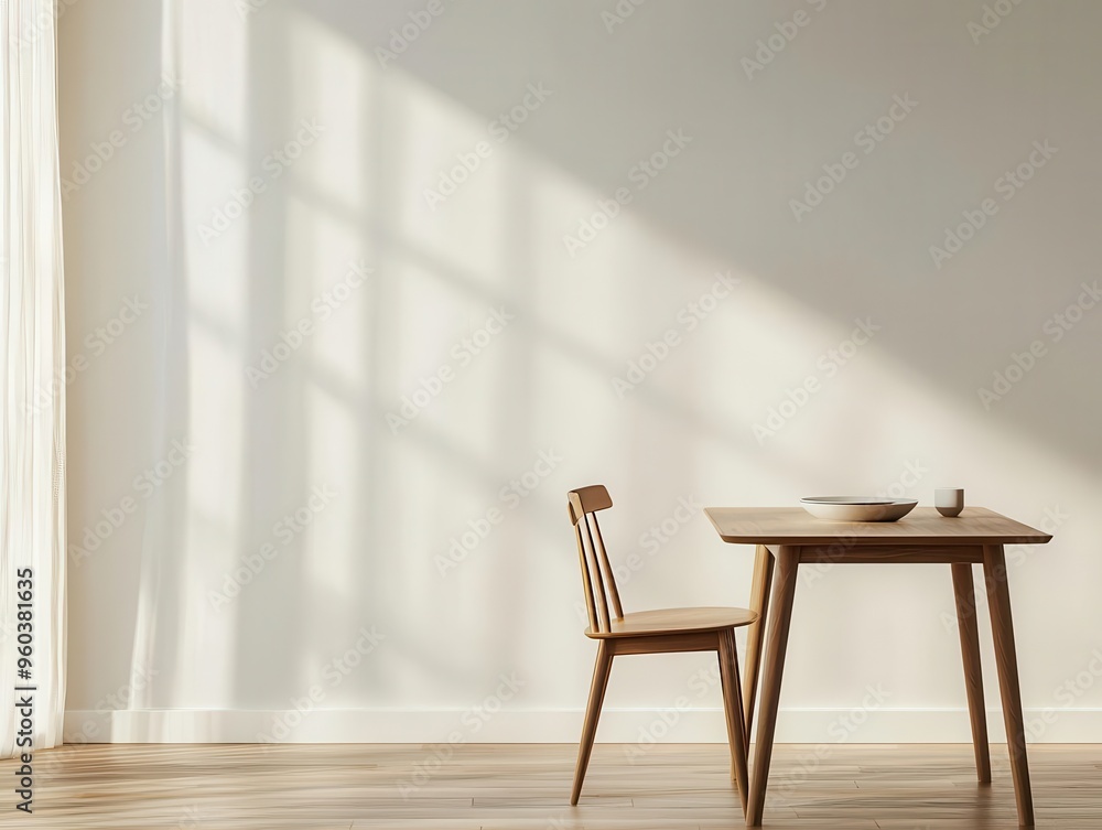 Minimalist dining room scene, soft evening light through curtains, empty dinner table with subtle shadows, Realism, Warm colors Minimalist dining room scene, soft evening light through curtains, empty dinner table with subtle shadows, Realism, Warm colors