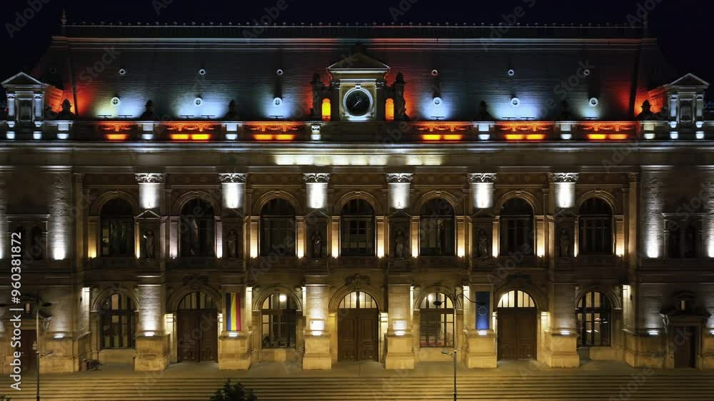 Aerial drone view of the illuminated Palace of Justice in Bucharest, Romania, at night Aerial drone view of the illuminated Palace of Justice in Bucharest, Romania, at night