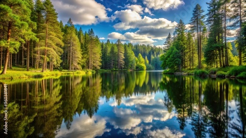 Peaceful lake surrounded by tall trees in a serene forest setting, lake, forest, trees, nature, serene, peaceful, reflection