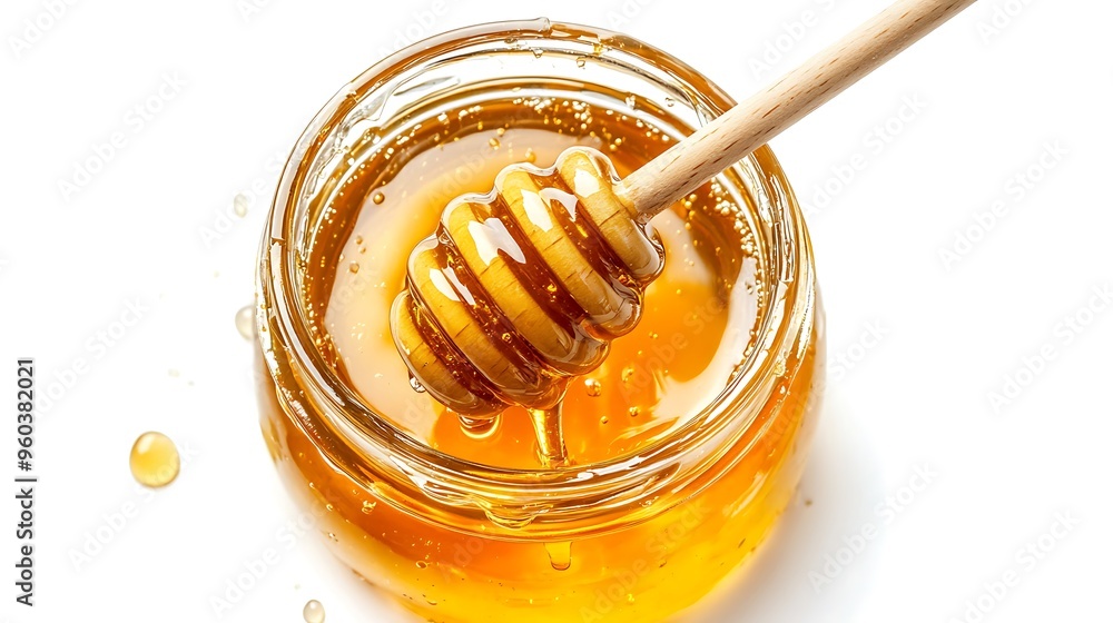 Honey in a Glass Jar with a Wooden Dipper Honey in a Glass Jar with a Wooden Dipper