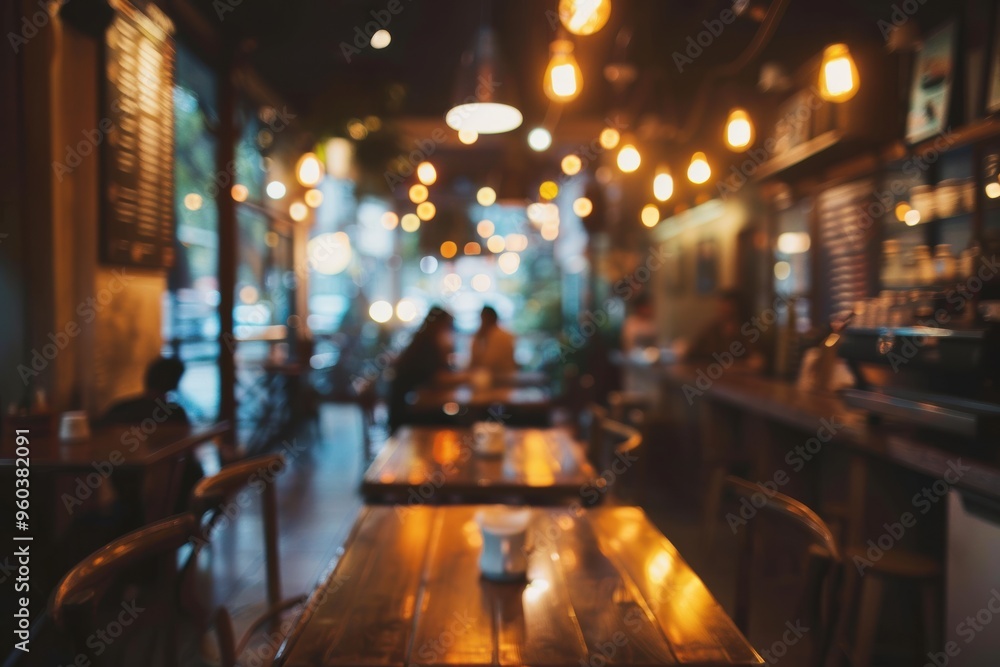 Fototapeta premium Blurred abstract coffee shop background, atmospheric cozy cafe interior shot.