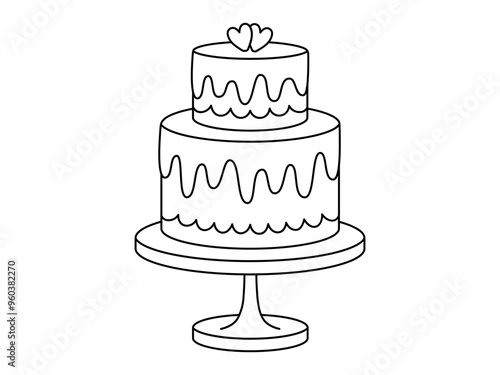 Hand drawn cute outline illustration of wedding cake with hearts. 14 February pie. Flat vector marriage party dessert line art doodle style. Valentines day sweet food icon. Romantic event. Isolated.