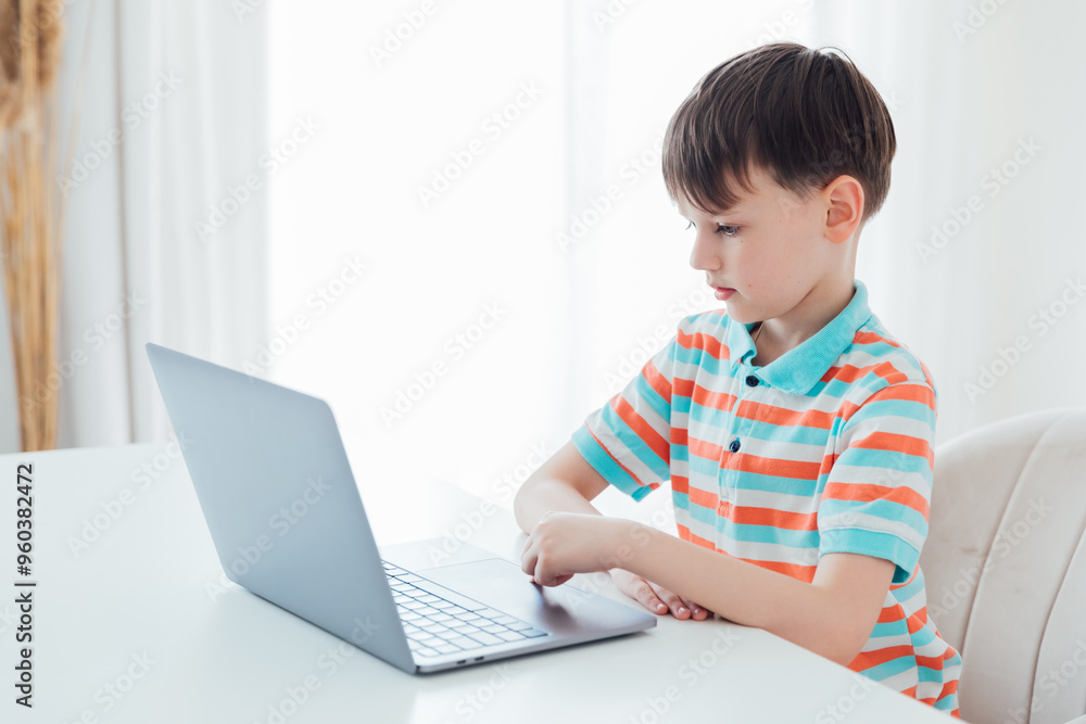 Boy schoolboy sitting at table with laptop online Boy schoolboy sitting at table with laptop online