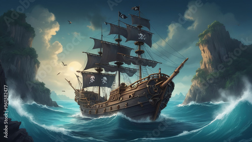 illustration of an amazing view on a pirate ship in the middle of the sea