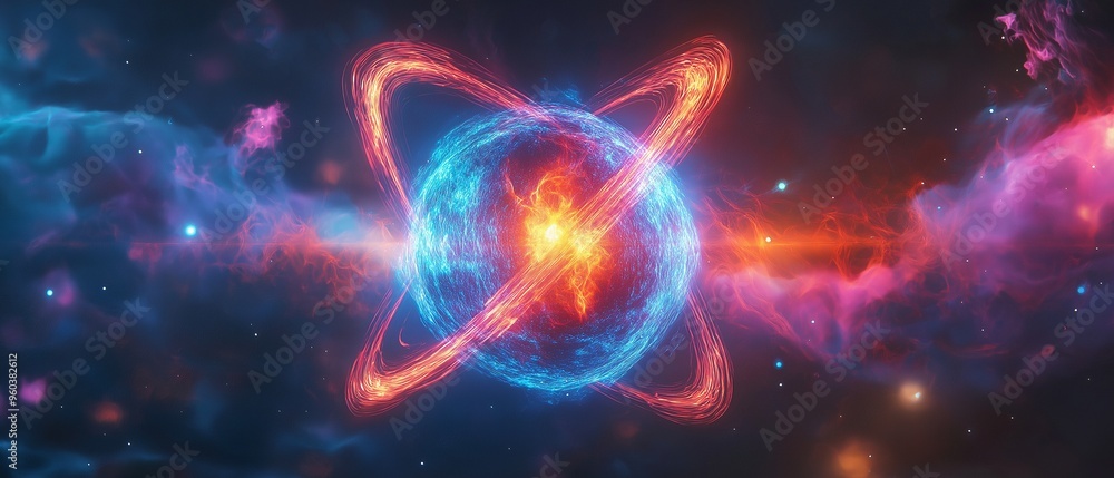 a colorful illustration of a blazing atomic structure on a background of space. Ideal illustration of atomic science, energy, and physics topics. a colorful illustration of a blazing atomic structure on a background of space. Ideal illustration of atomic science, energy, and physics topics.