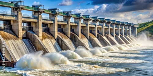 Close-up view of water turbines in action at hydroelectric dam power plant, hydroelectric, dam