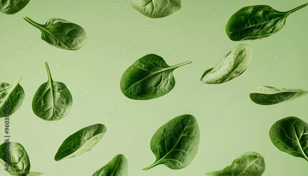 Vibrant flying spinach against a vivid green backdrop celebrating the beauty of fruits and vegetables in a dynamic and playful display. Vibrant flying spinach against a vivid green backdrop celebrating the beauty of fruits and vegetables in a dynamic and playful display.