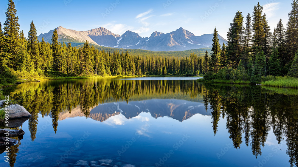 Majestic Mountain Reflections: Serene Alpine Lake Mirrors Pristine Wilderness Majestic Mountain Reflections: Serene Alpine Lake Mirrors Pristine Wilderness