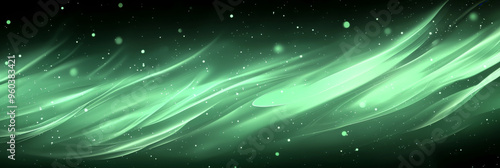 Abstract green and white lights swirl across a dark background.